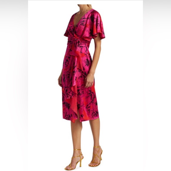 Theia Sadie Floral Satin Wrap Dress ,size 4 - Picture 3 of 7